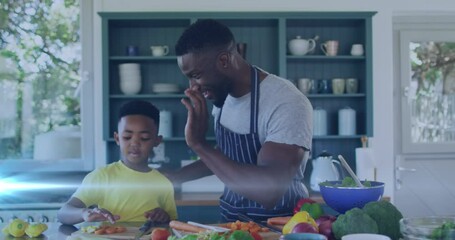 Poster - Animation of lights over happy african american father and son preparing meal and clapping hands