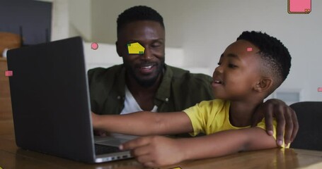 Poster - Animation of school items over happy african american father and son using laptop