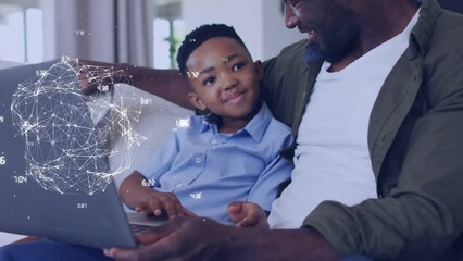 Poster - Animation of network of connections over happy african american father and son using laptop