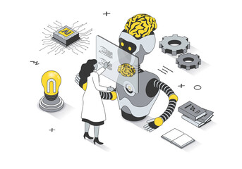 Fototapete - Artificial intelligence concept in 3d isometric outline design. Scientist engineer working with AI and training robot brain, machine learning line web template. Illustration with people scene
