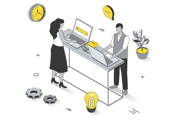 Fototapete - Coworking space concept in 3d isometric outline design. Employees or freelancers working on laptops, brainstorm and business communication, line web template. Illustration with people scene