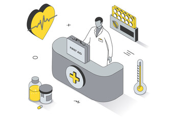 Poster - Medicine concept in 3d isometric outline design. Doctor cardiologist provides first aid in clinic, diagnosis of diseases, prescribing drugs, line web template. Illustration with people scene