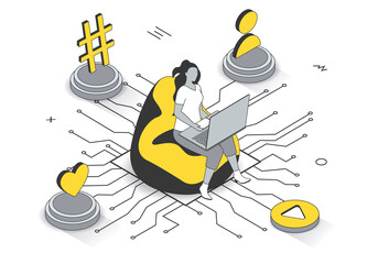 Fototapete - Social media concept in 3d isometric outline design. Woman browses on laptop, creates profile, watches video content, likes and shares posts, line web template. Illustration with people scene