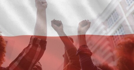 Sticker - Animation of flag of poland over hands of diverse protesters