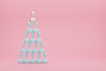pyramid of pastel blue pawns with a silver pawn in the top.3d conceptual illustration