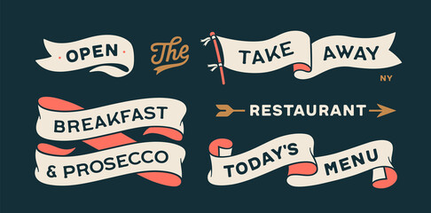 Wall Mural - vintage graphic set. ribbon, flag, arrow, board with text open, take away, breakfast, menu. set of r