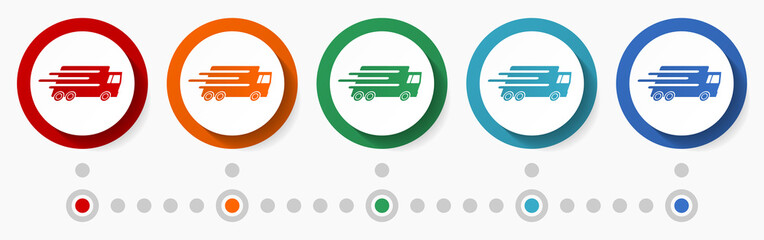 Aufkleber - Fast delivery concept vector icon set, infographic template, flat design colorful web buttons in 5 color options
