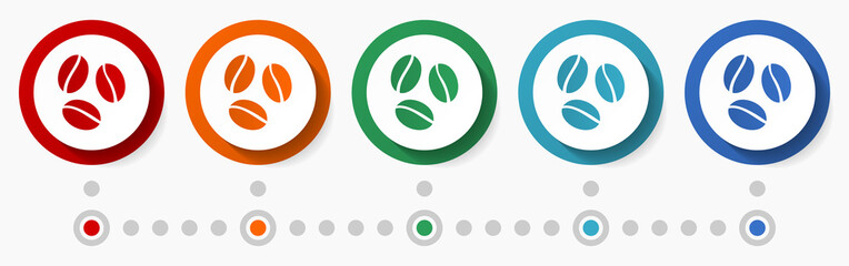 Aufkleber - Coffee beans concept vector icon set, infographic template, flat design colorful web buttons in 5 color options