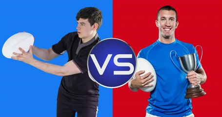 Poster - Animation of caucasian male rugby players holding balls over blue and red background