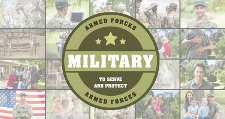 Poster - Animation of armed forces text over diverse soldiers with families