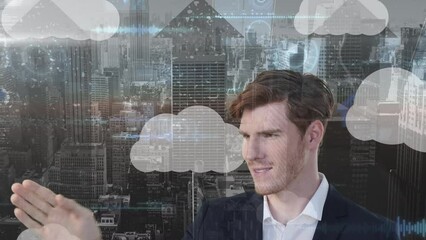 Canvas Print - Animation of caucasian businessman over cloud icons and cityscape