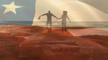 Wall Mural - Animation of flag of chile over african american couple at beach