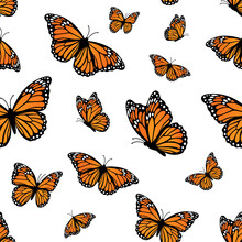 Seamless Psttern With Monarch Butterflies, Vector Illustration
