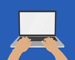 Wall Mural - hands on laptop keyboard with blank screen monitor. vector illustration.