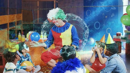 Canvas Print - Animation of digital brain over diverse children and clown at birthday party