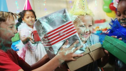 Poster - Animation of digital brain over diverse children with presents at birthday party