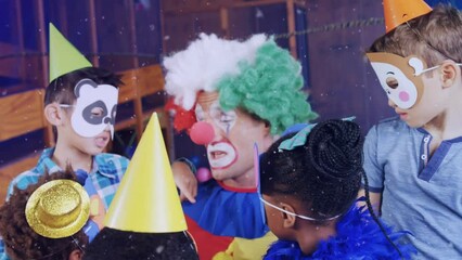 Poster - Animation of snow falling over diverse children and clown at birthday party