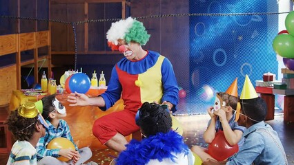 Canvas Print - Animation of confetti falling over diverse children and clown at birthday party