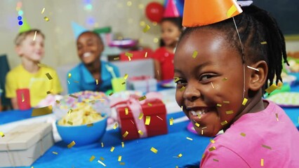 Canvas Print - Animation of confetti falling over diverse children with party hats at birthday party