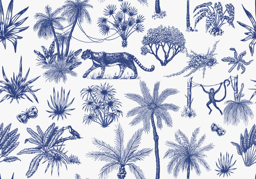 Fototapete - Toile De Jouy banner. Wild tiger and exotic plants. Seamless pattern. Toucan bird and monkey. Exotic Tropical trees. Eastern landscape. Linear Jungle. Hand drawn sketch in vintage style.
