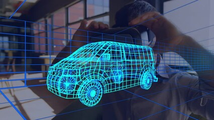 Sticker - Animation of digital 3d drawing of car over man using vr headset