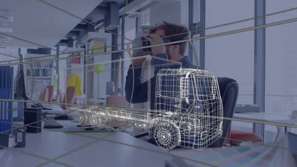 Poster - Animation of digital 3d drawing of car over man using vr headset