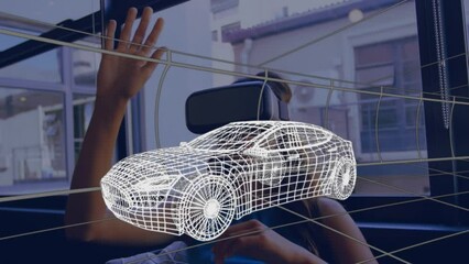 Sticker - Animation of digital 3d drawing of car over woman using vr headset