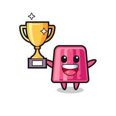 Wall Mural - Cartoon Illustration of jelly is happy holding up the golden trophy