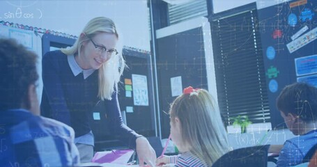 Wall Mural - Animation of mathematical equations over diverse schoolchildren with teacher in classroom