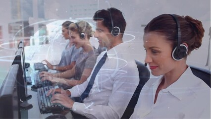 Sticker - Animation of globe over business people using phone headsets