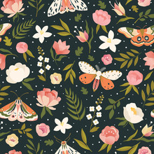 Colorful Seamless Pattern With Insects And Flowers. Summer Floral Repeat Background For Fabrics Or Wallpapers. Butterfly Design.