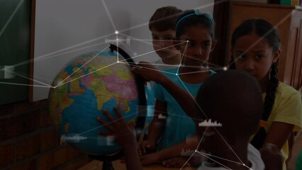 Wall Mural - Animation of networks of connections over diverse schoolchildren reading globe