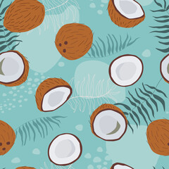 Wall Mural - Seamless pattern with coconut and palm leaves. Tropical abstract summer print. Vector graphics.