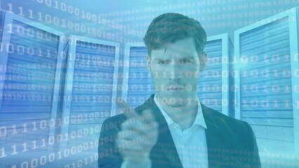 Poster - Animation of data processing over businessman in server room