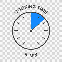 Cooking time icon. Clock face with 8 minute time interval. Timer symbol. Infographic element for food preparation instructions isolated on transparent background. Vector flat illustration