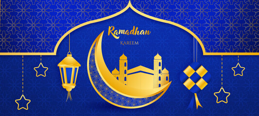 Wall Mural - Ramadan kareem 2022 background. Paper cut vector illustration with lantern,mosque, window, star and moon, place for text greeting card and banner