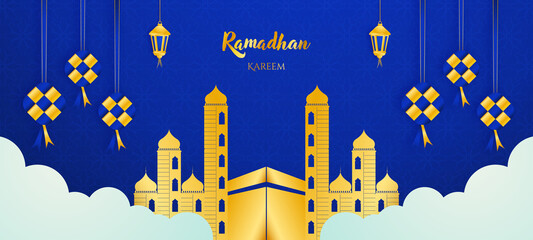 Wall Mural - Ramadan kareem 2022 background. Paper cut vector illustration with lantern,mosque, window, star and moon, place for text greeting card and banner