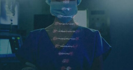 Canvas Print - Animation of dna strand over female caucasian surgeon with face mask