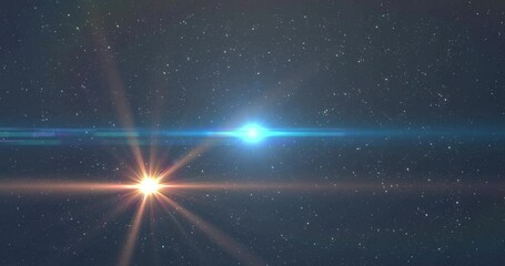 Wall Mural - Animation of glowing blue and orange light moving over spots of light and stars in background