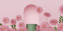 3D Display Podium Pastel Pink Daisy Flower Background. Gerbera Blossom. Nature Minimal Pedestal Beauty, Cosmetic Product Presentation. Feminine Green Copy Space Template 3d Render