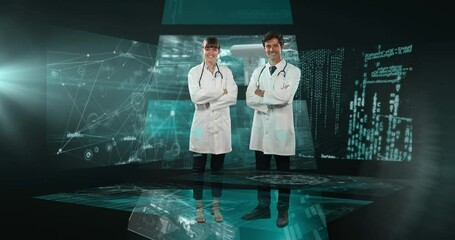 Wall Mural - Animation of biracial female and male doctor over data processing