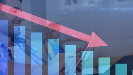 Wall Mural - animation of arrow, data and graphs moving over caucasian man using tablet
