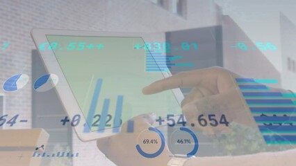 Poster - Animation of financial data and graphs over hands of biracial man using tablet with copy space