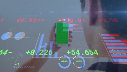 Poster - Animation of financial data and graphs over caucasian man using smartphone with copy space