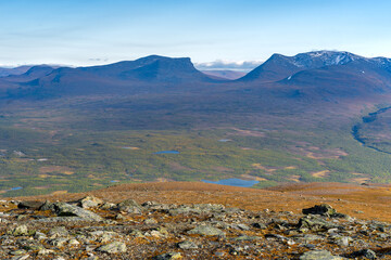 Mountain pass of Lapporten, Lapponian gate, viewed from Nuolja, or Njulla, in Abisko National Park in arctic Sweden. Adventure in remote arctic wilderness. Hiking in Swedish Lapland.