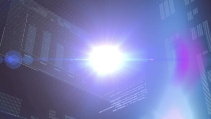 Animation of binary coding data processing over screen on blue background
