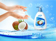 Two hands holding cream foam with bubbles and liquid hand wash with a coconut aroma. Realistic cream foam with bubbles andnd liquid hand wash for detergent advertising design. Vector