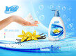 Two hands holding cream foam with bubbles and liquid hand wash with a vanilla aroma. Realistic cream foam with bubbles andnd liquid hand wash for detergent advertising design. Vector