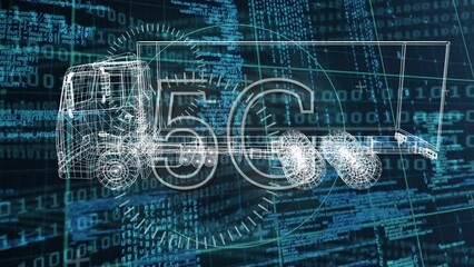 Wall Mural - animation of car project and 5g rotating over data processing in blue and black space