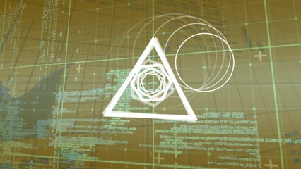 Wall Mural - animation of geometric shapes rotating over data processing in yellow space
